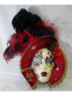 Large La Maschera Del Galeone Red and Black Feathered Wall Mask